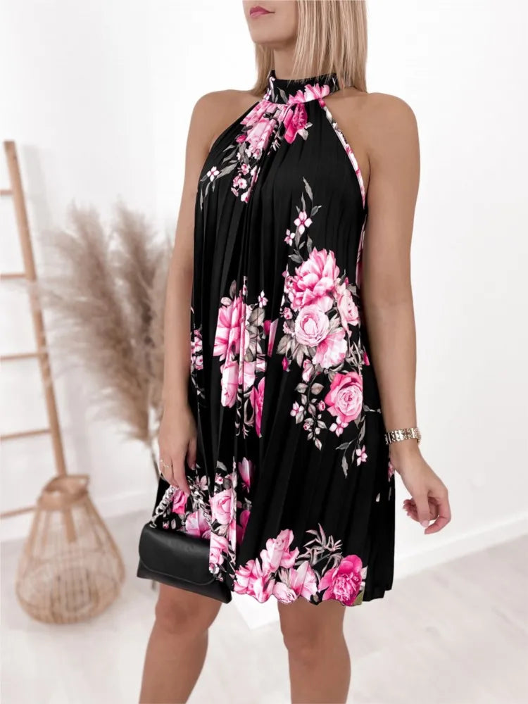 Print Sleeveless Pleated Off Shoulder Mini Dress Beach Vestidosn Ms Chuh Summer Dresses for