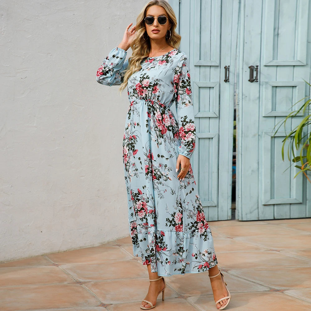 Sping Maxi Long Sleeve High Waist Chiffon Midi Dresses