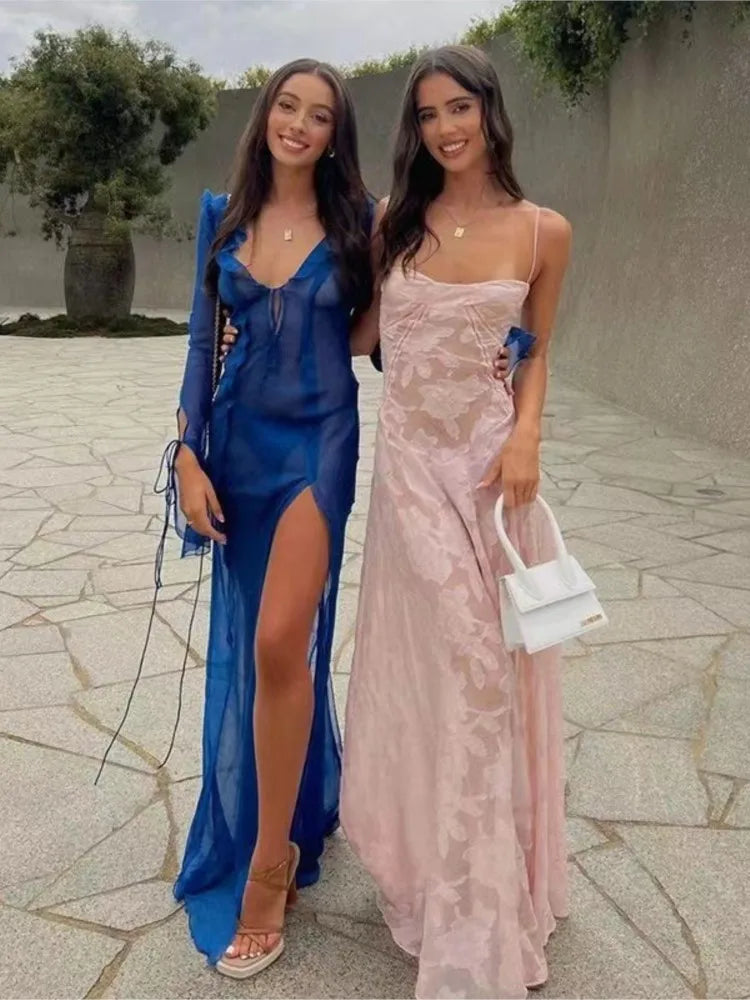 Summer New Dresses for Spaghetti Strap Lace Hollow Out Low Cut A-lin Long Dress Beach Vacation Vestidos
