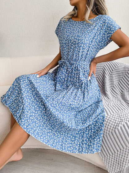 Summer Short Sleeve Long Dress O Neck Lace Up Pleated A-line Office Female Vestidos