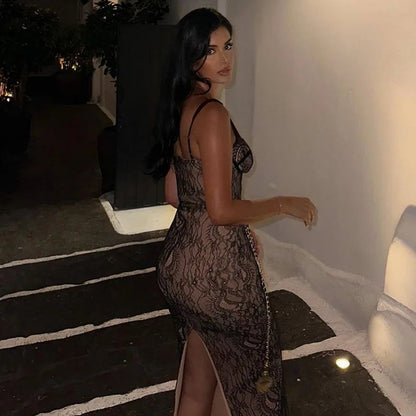 New Spring Lace Stitching Backless Slit Maxi Dress