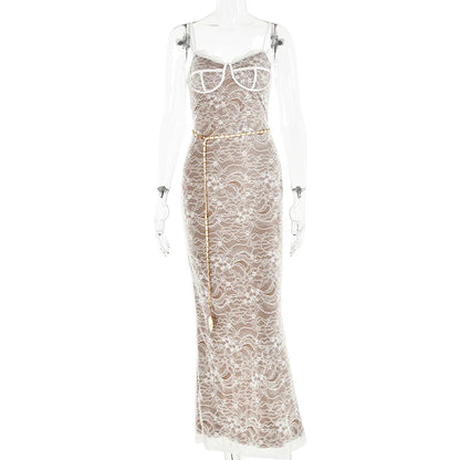 New Spring Lace Stitching Backless Slit Maxi Dress