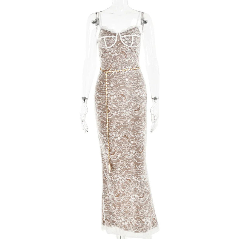 New Spring Lace Stitching Backless Slit Maxi Dress