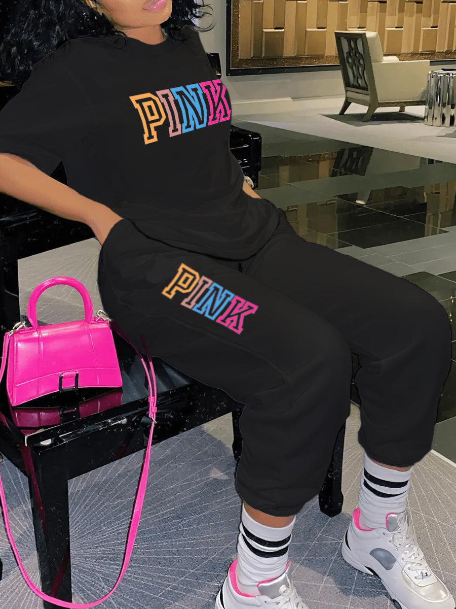 Pink Letter Print Pants Set Ar5057