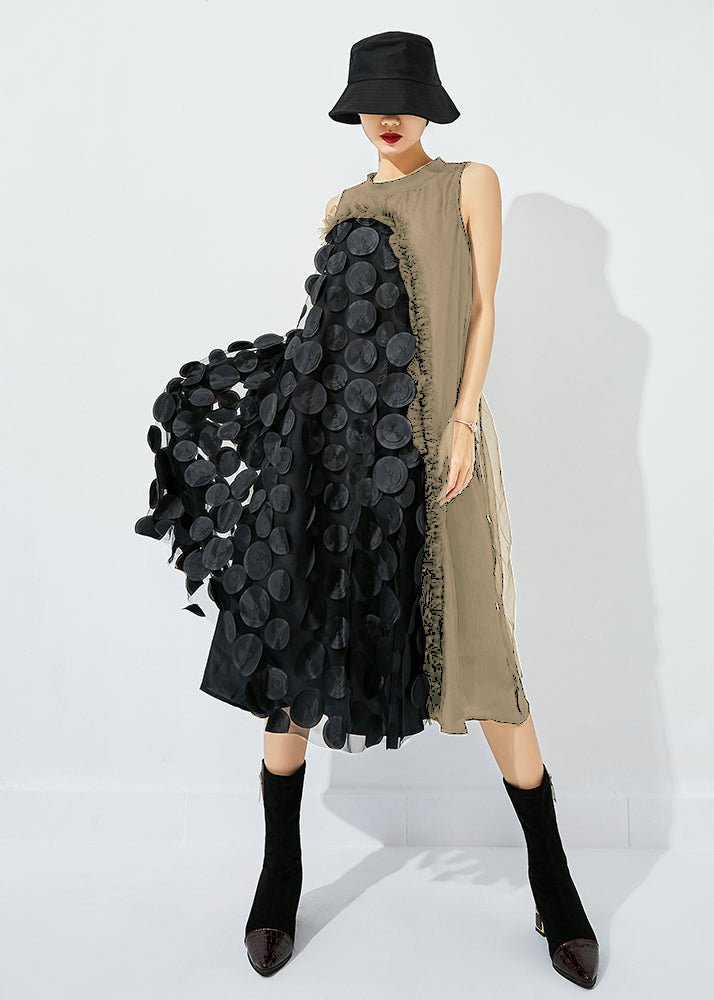Tea Green-black Dot Asymmetrical Patchwork Wrinkled Tulle Maxi Dress Sleeveless Ly0869
