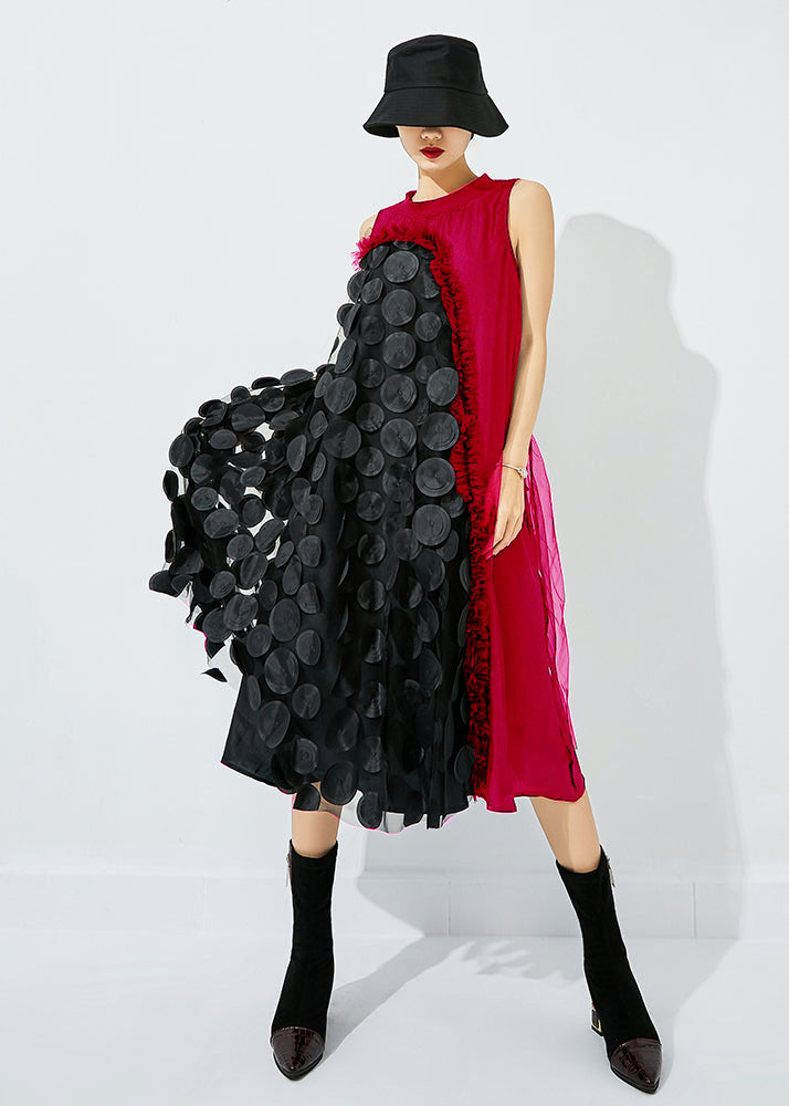 Tea Green-black Dot Asymmetrical Patchwork Wrinkled Tulle Maxi Dress Sleeveless Ly0869