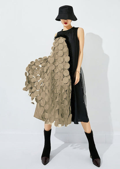 Black Asymmetrical Patchwork Wrinkled Tulle Maxi Dress Sleeveless Ly0832