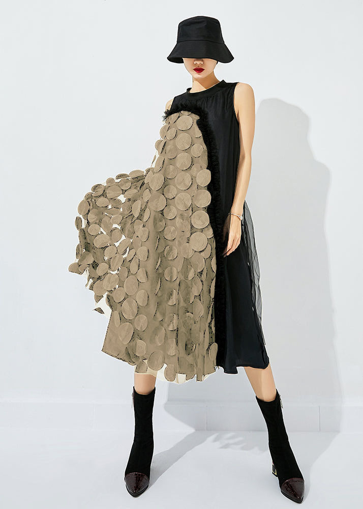 Black Asymmetrical Patchwork Wrinkled Tulle Maxi Dress Sleeveless Ly0832