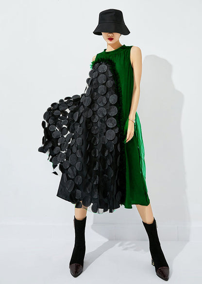 Light Green-black Dot Asymmetrical Patchwork Wrinkled Tulle Maxi Dress Sleeveless Ly0868
