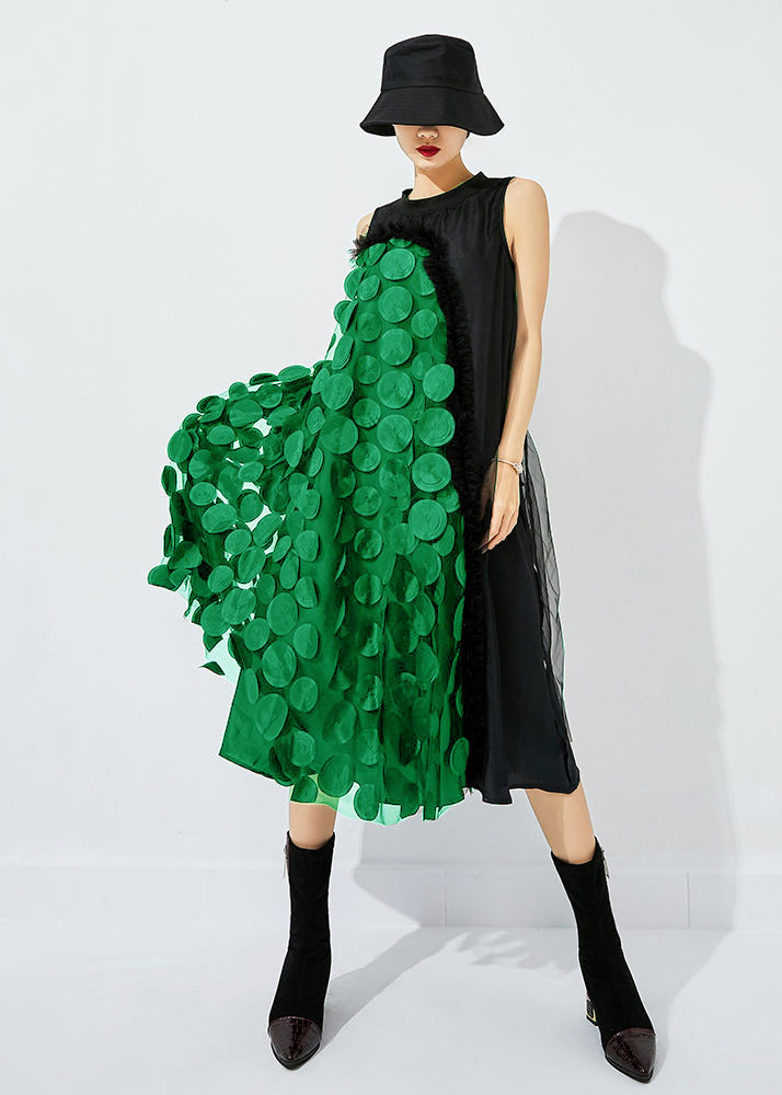 Light Green-black Dot Asymmetrical Patchwork Wrinkled Tulle Maxi Dress Sleeveless Ly0868