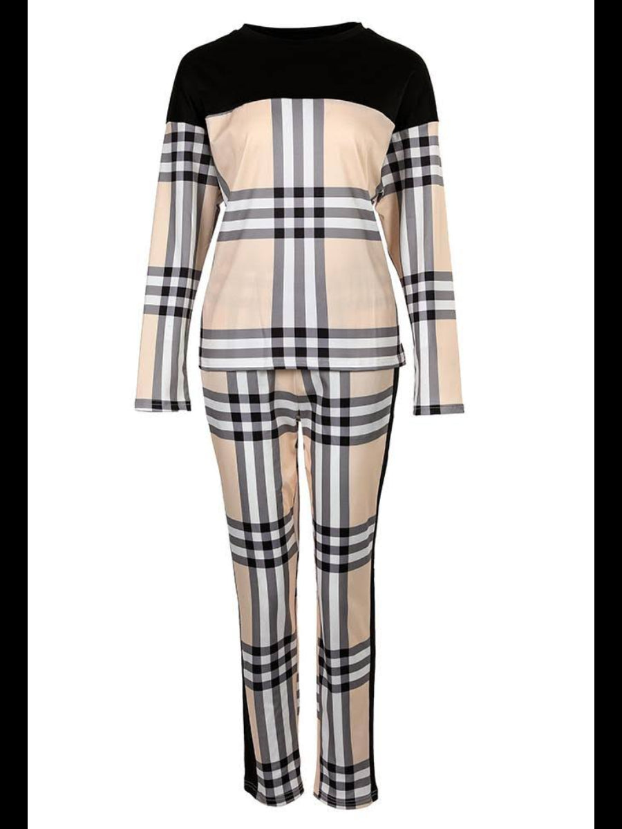 Plaid Print Pocket Design Pants Set Bo2124
