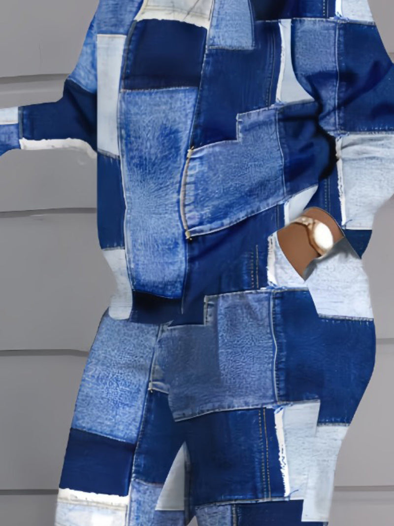 Imitation Denim Patchwork Pocket Design Pants Set Bo216