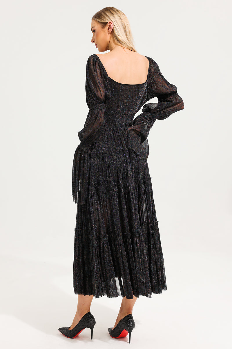 Mesh Square Collar Long Sleeve Midi Dress