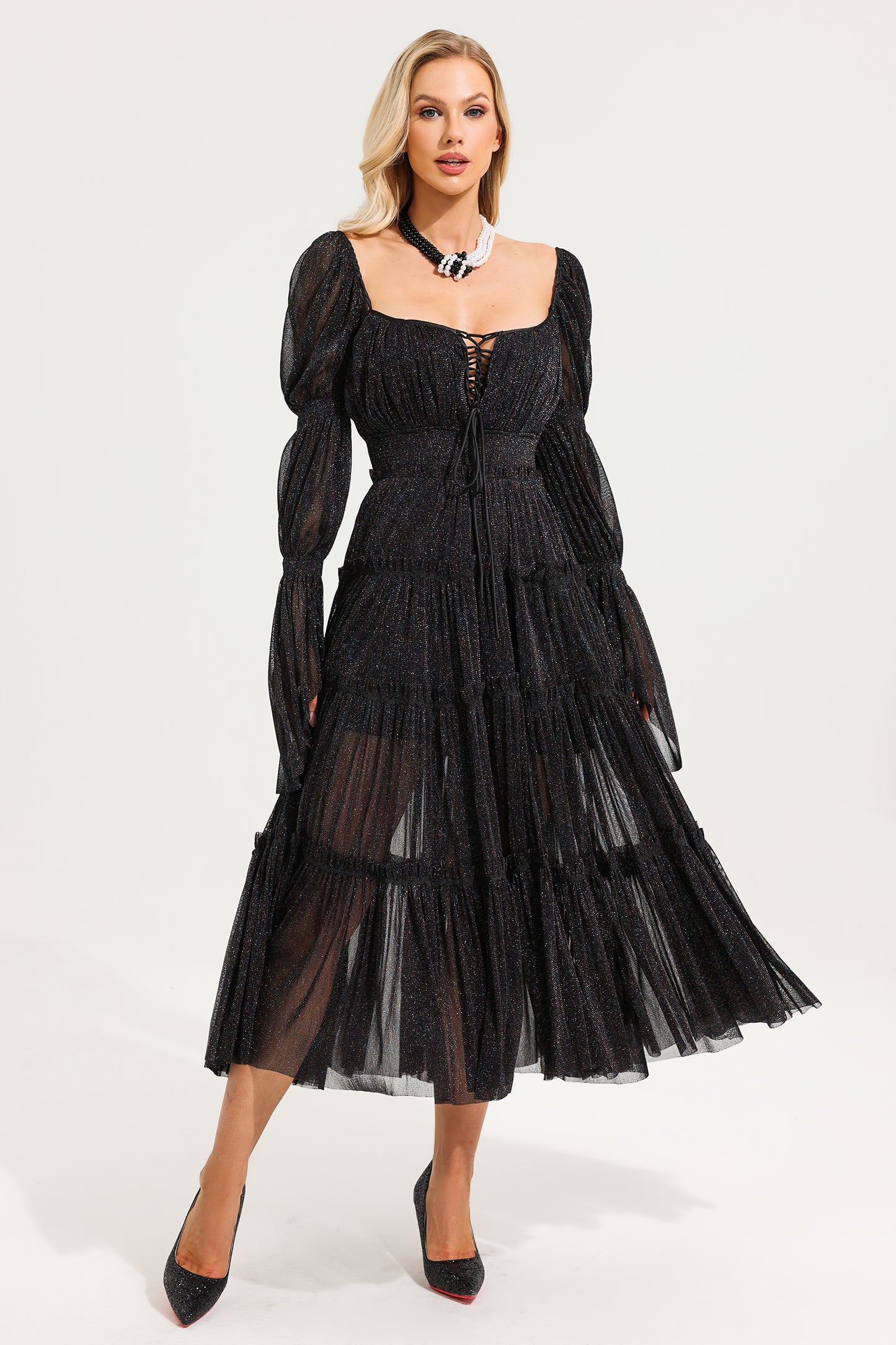 Mesh Square Collar Long Sleeve Midi Dress
