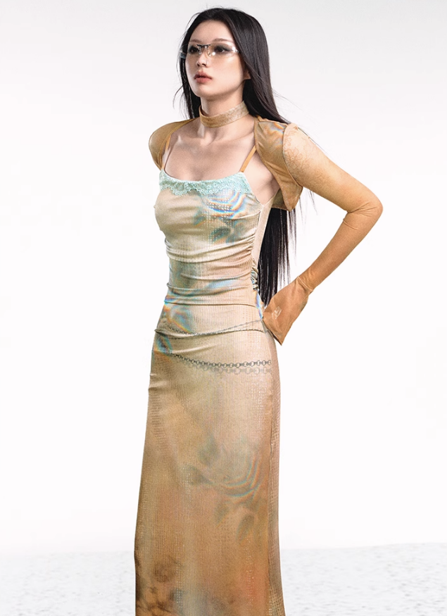 Dual-tone Knitted Dress and Shawl Set
