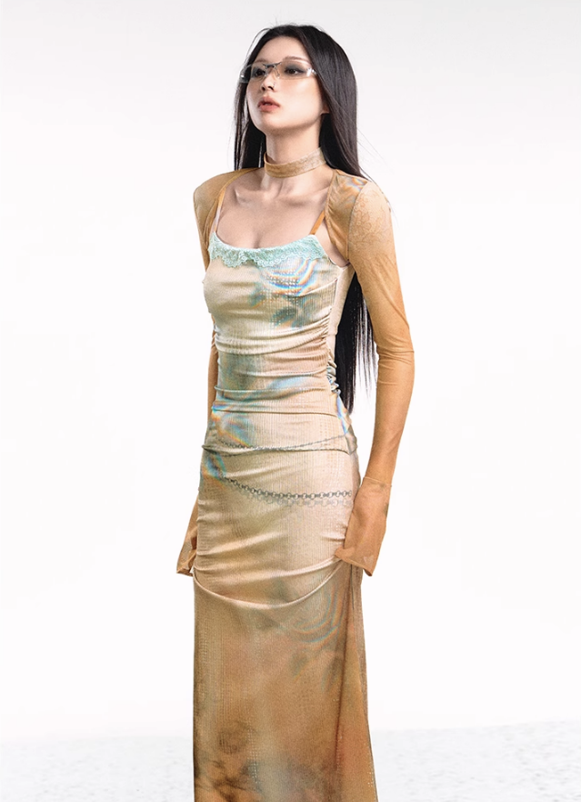 Dual-tone Knitted Dress and Shawl Set