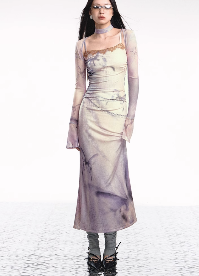 Dual-tone Knitted Dress and Shawl Set