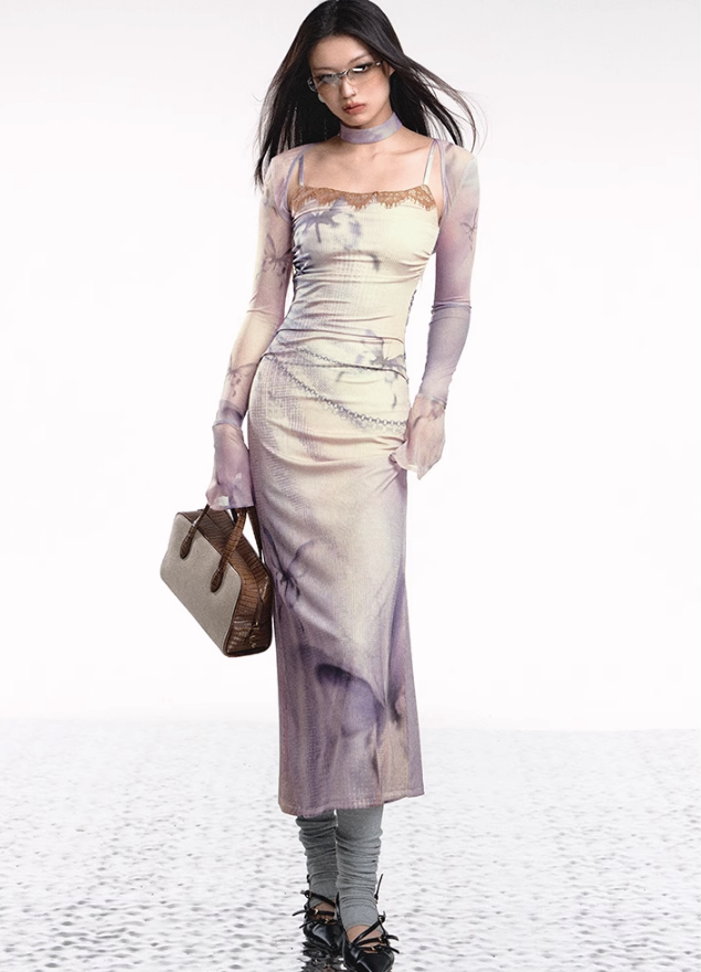 Dual-tone Knitted Dress and Shawl Set