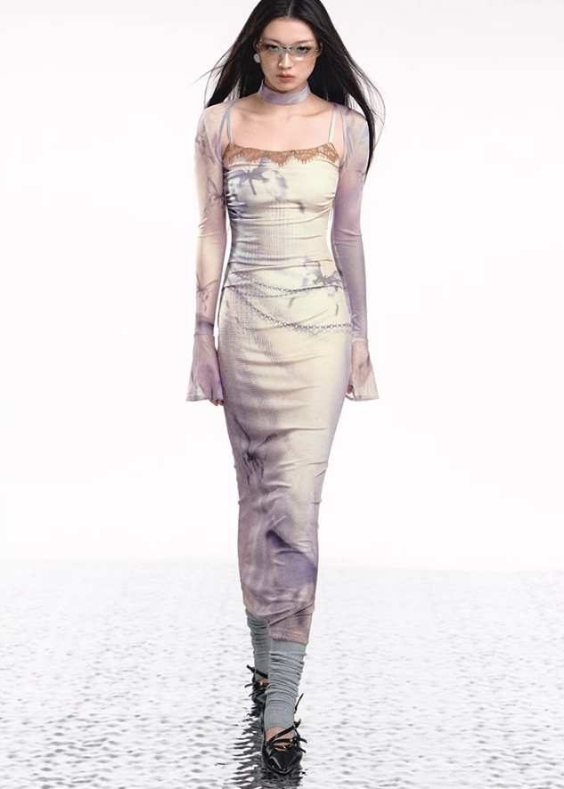 Dual-tone Knitted Dress and Shawl Set
