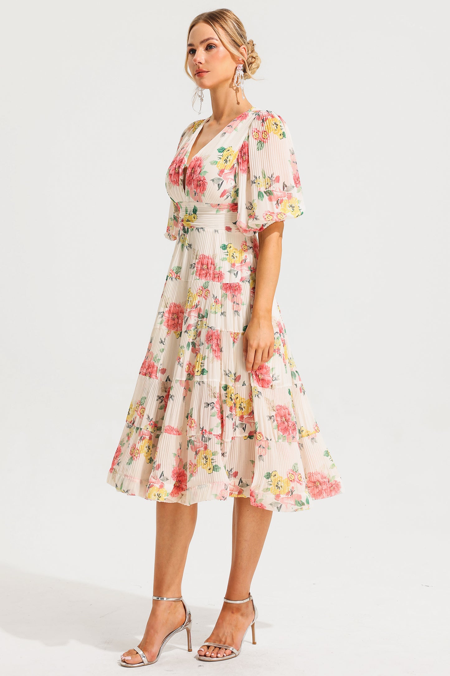 Puff Sleeve Pleat Midi Dress