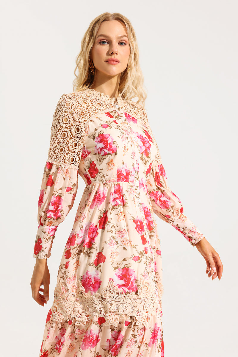 Lace Lantern Sleeve Midi Dress