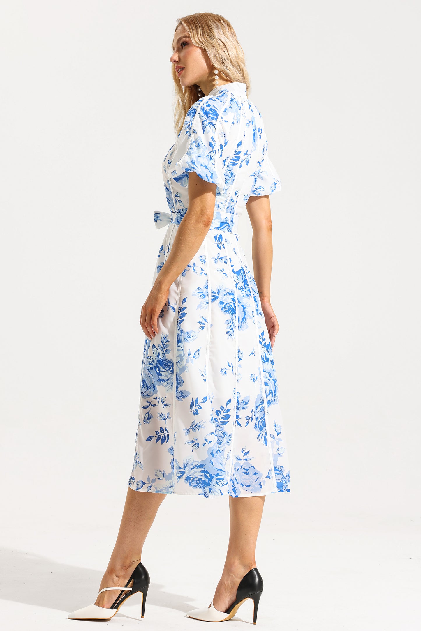 Single Breasted Puff Sleeve Midi Dress With Belt