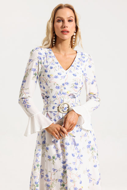 V-neck Long Sleeve Midi Dress With Belt