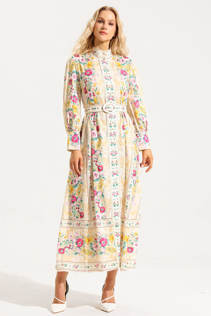 Button Long Sleeve Midi Dress With Belt