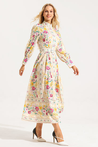 Button Long Sleeve Midi Dress With Belt