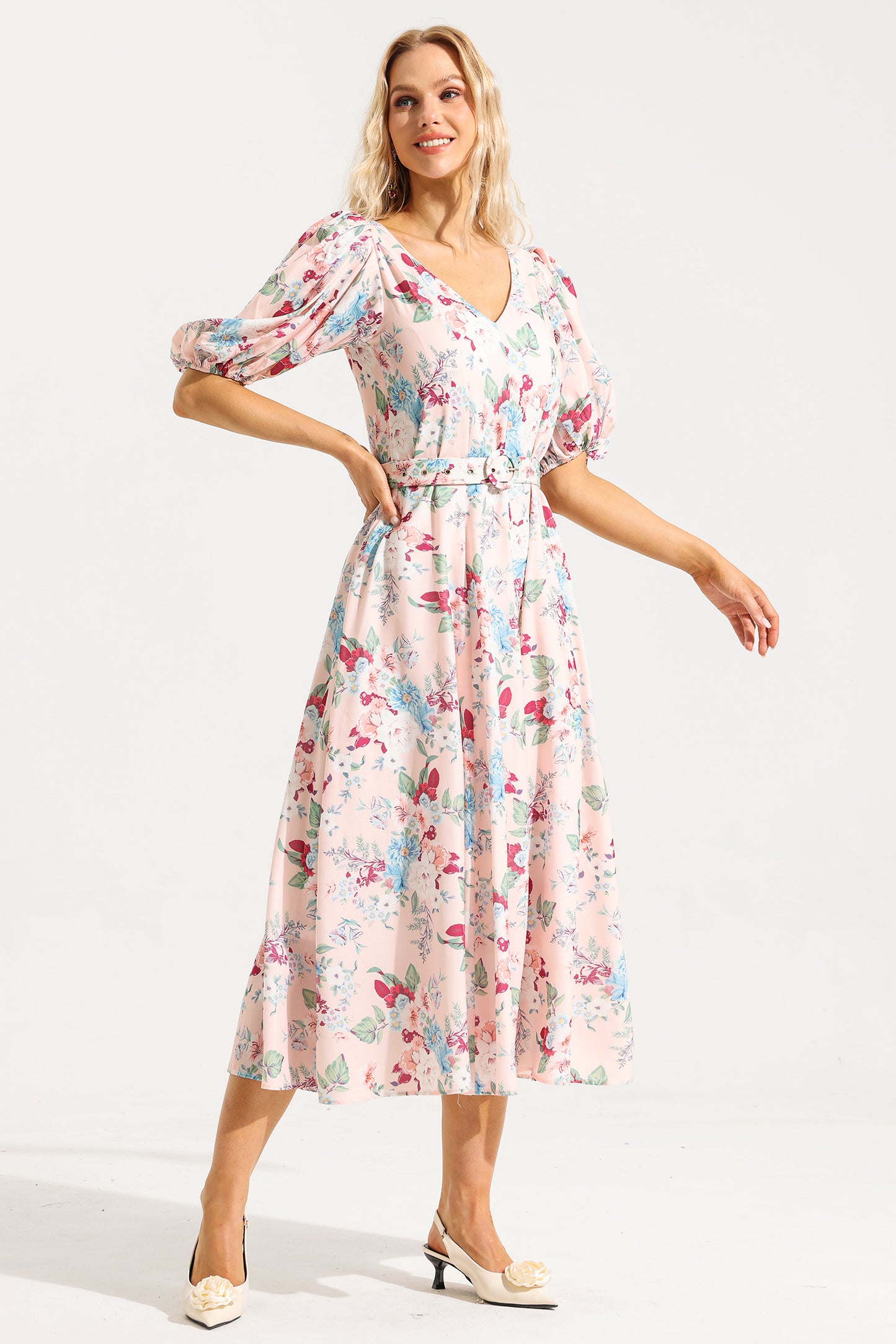 V-neck Puff Sleeve Midi Dress With Belt