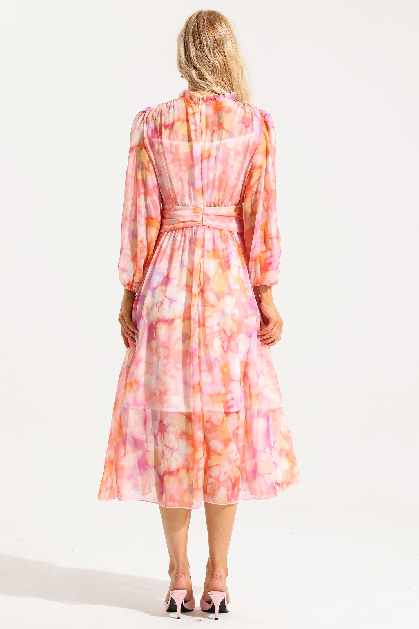Abstract Print Frill Long Sleeve Midi Dress