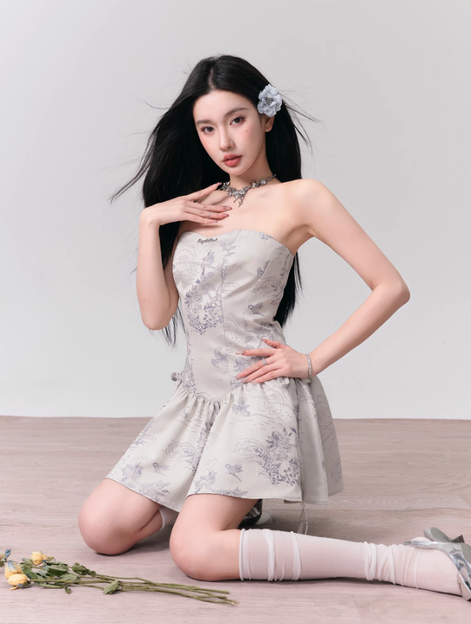 Dove Gray Brocade Tiered Sweetheart Mini Dress