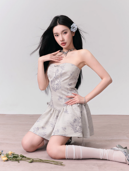 Dove Gray Brocade Tiered Sweetheart Mini Dress