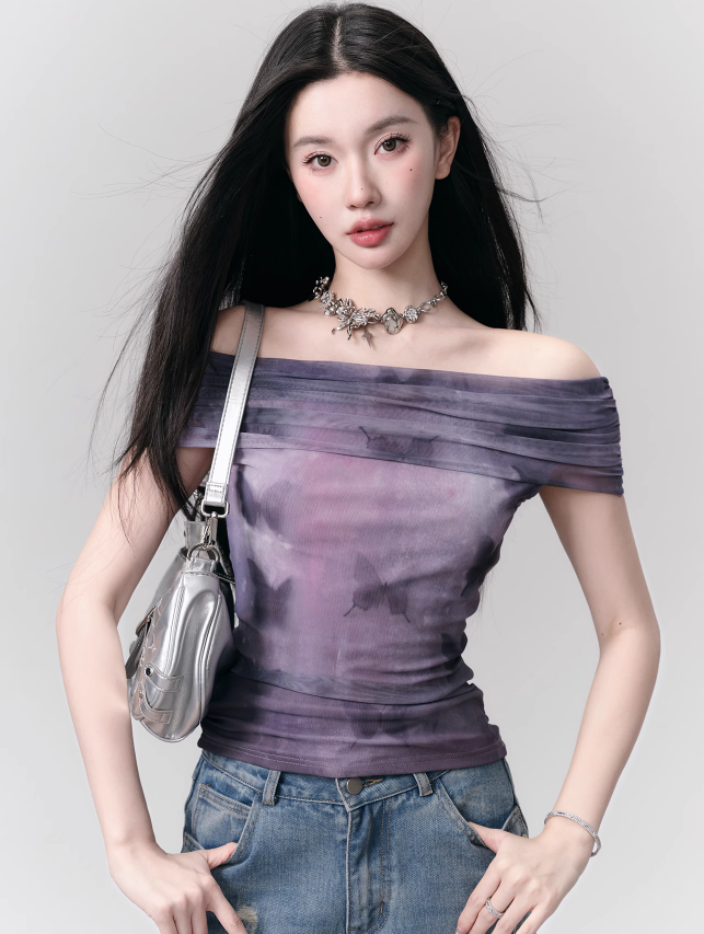 Whimsical Butterfly Print Chiffon One-shoulder Blouse