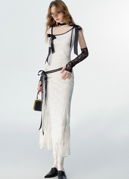 Detachable Bow Lace Spliced Suspender Dress