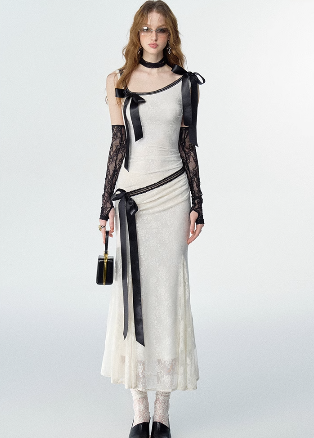 Detachable Bow Lace Spliced Suspender Dress