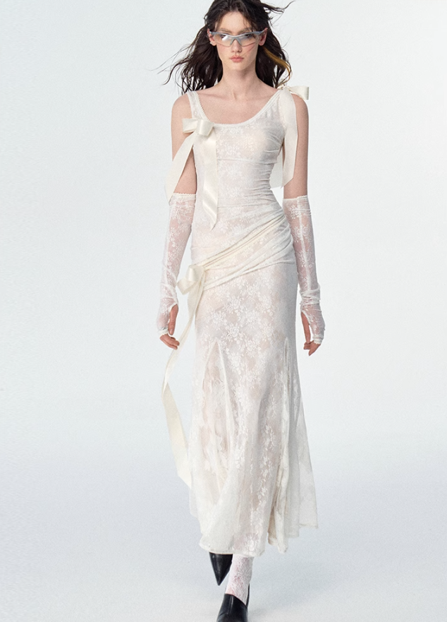 Detachable Bow Lace Spliced Suspender Dress