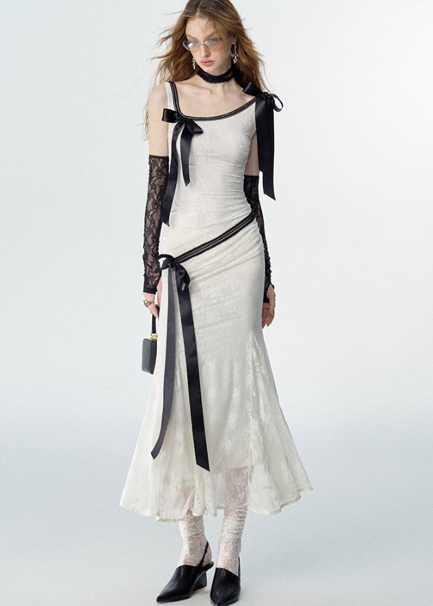 Detachable Bow Lace Spliced Suspender Dress