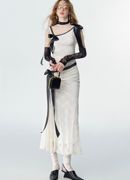 Detachable Bow Lace Spliced Suspender Dress