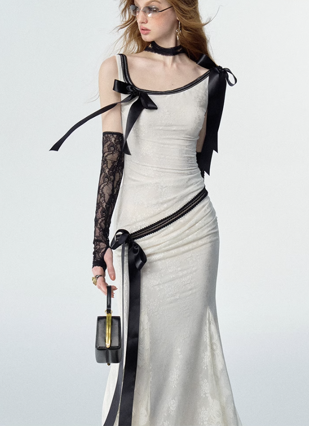 Detachable Bow Lace Spliced Suspender Dress