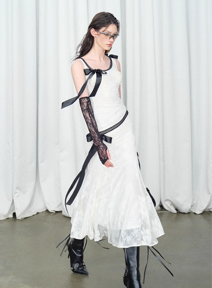 Detachable Bow Lace Spliced Suspender Dress