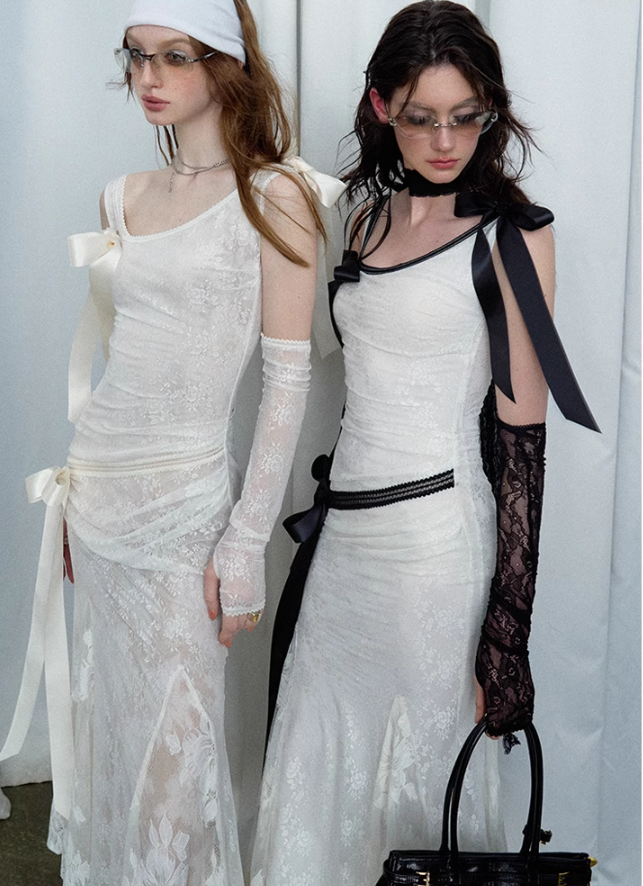 Detachable Bow Lace Spliced Suspender Dress