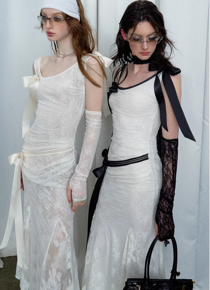 Detachable Bow Lace Spliced Suspender Dress