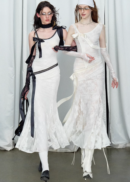 Detachable Bow Lace Spliced Suspender Dress