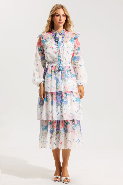 Ruffle Long Sleeve Midi Dress With Belt