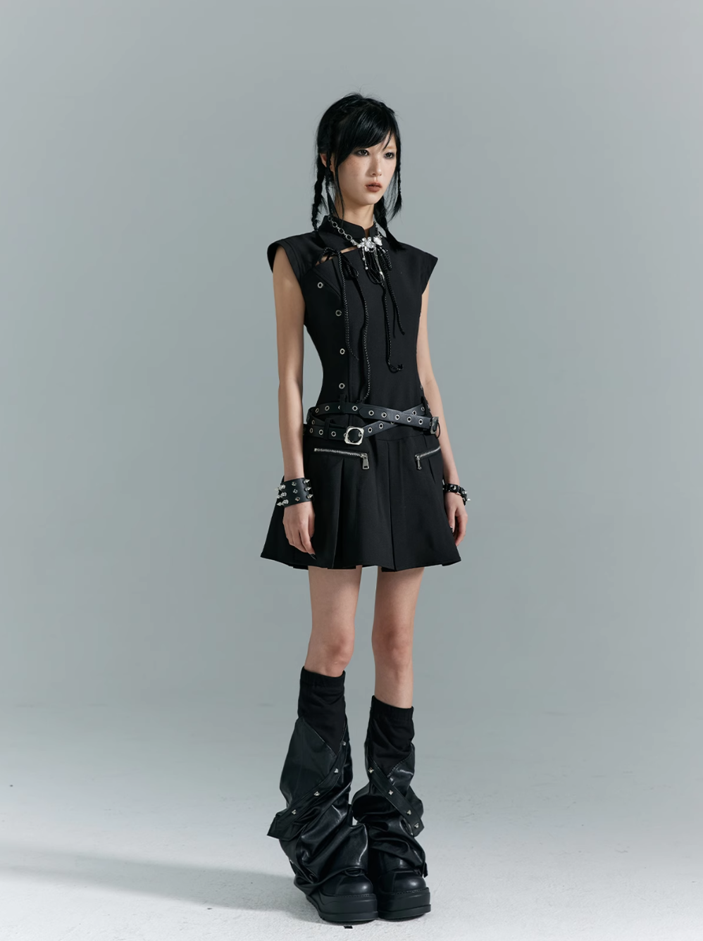 Frustration Garden Gothic Punk Mini Dress - Black Sleeveless A-line With Zipper Pockets and Belt