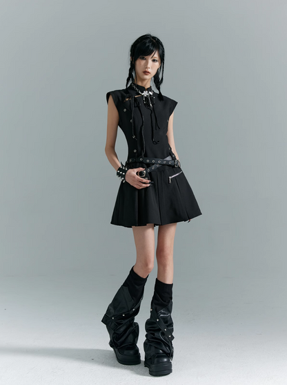 Frustration Garden Gothic Punk Mini Dress - Black Sleeveless A-line With Zipper Pockets and Belt