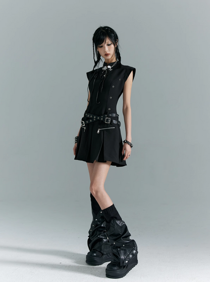 Frustration Garden Gothic Punk Mini Dress - Black Sleeveless A-line With Zipper Pockets and Belt
