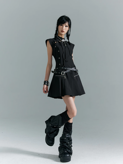 Frustration Garden Gothic Punk Mini Dress - Black Sleeveless A-line With Zipper Pockets and Belt