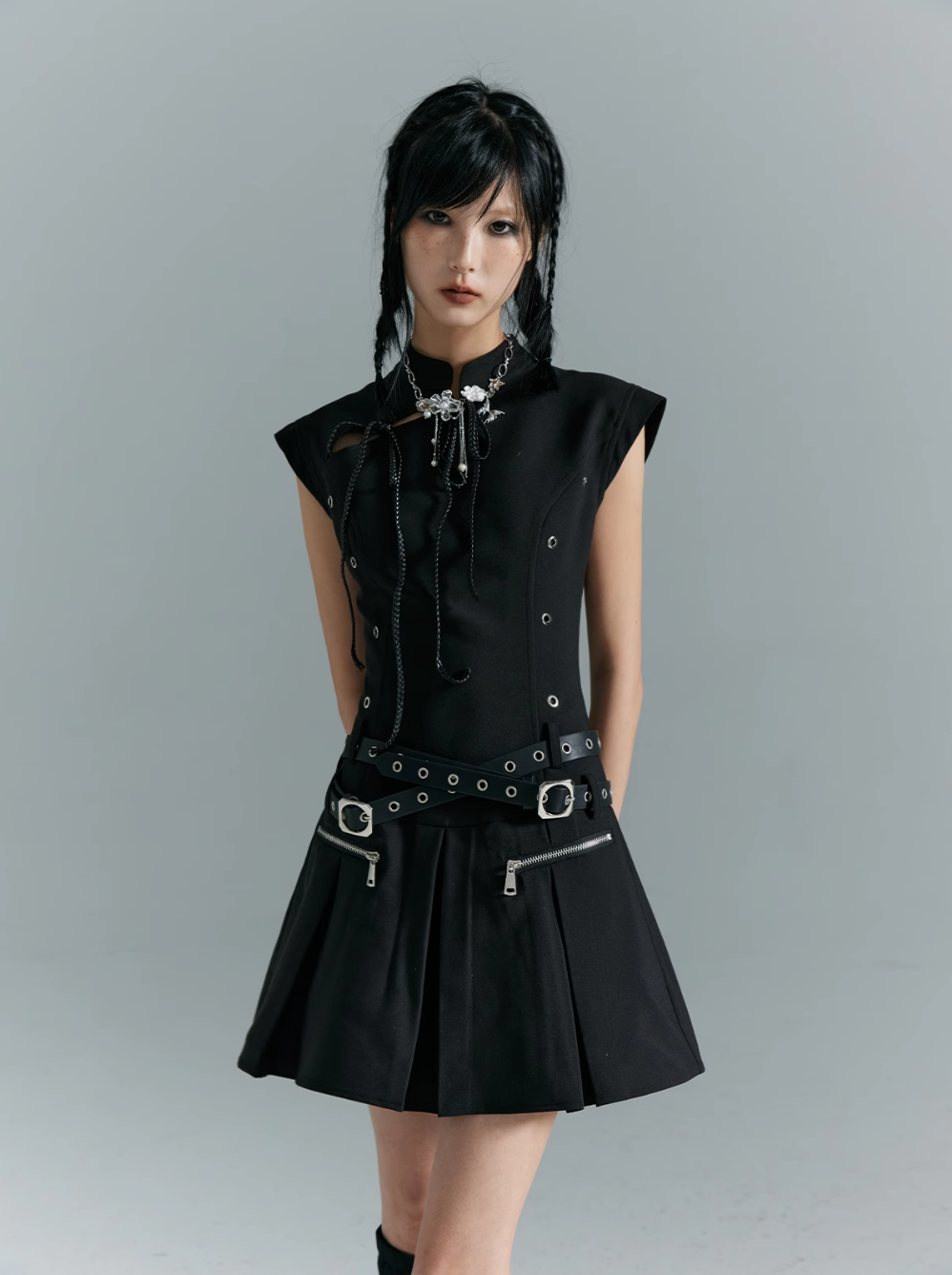 Frustration Garden Gothic Punk Mini Dress - Black Sleeveless A-line With Zipper Pockets and Belt